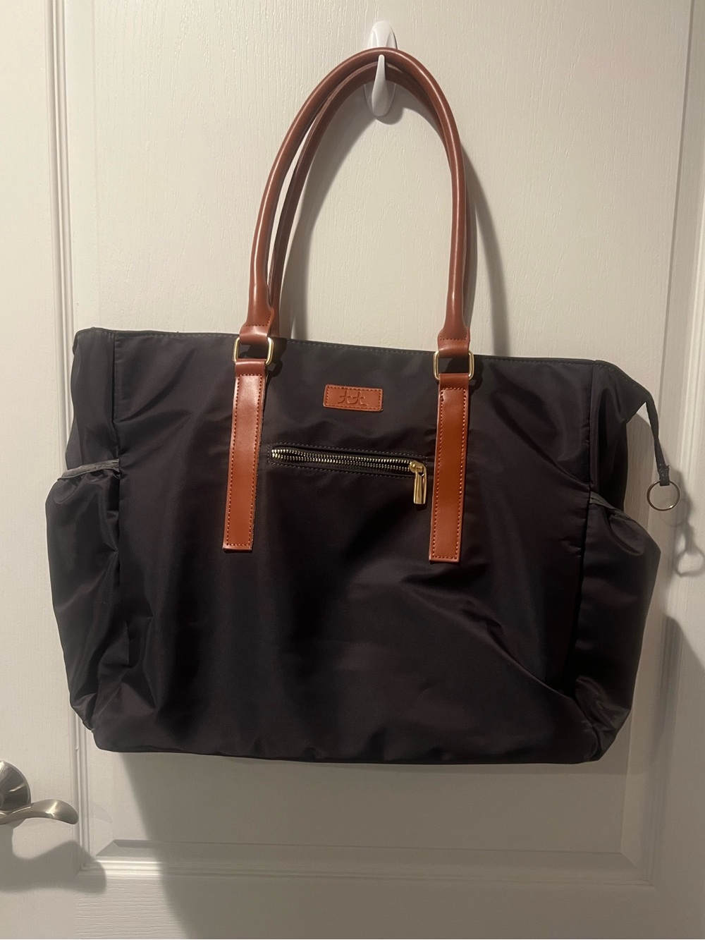 Nylon Shoulder Tote with Brown Trim - Classic Everyday Bag